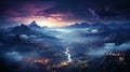 Milky Way above mountains in fog at night in autumn. Landscape with purple starry sky. generative ai Royalty Free Stock Photo