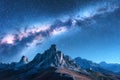 Milky Way above mountains at night in autumn in Dolomites, Italy Royalty Free Stock Photo