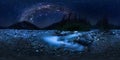 The milky way arc over mountain river in the middle of the forest on a long exposure. Spherical panorama 360vr