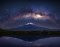 Milky way arch above Mt.Fuji mirroring in lake water