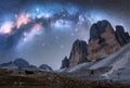Milky Way arch over mountain peaks at night in summer Royalty Free Stock Photo