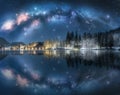 Milky Way arch reflected in water at winter starry night