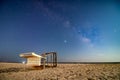 Milky Way core stretching across the night sky over a lifeguard tower on a beach. Long Island NY