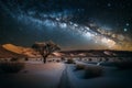 Milky way in the desert with lonely tree landscape. Generative AI