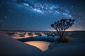 Milky way in the desert with lonely tree landscape. Generative AI