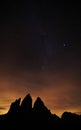 Natural view of Milky Way Galaxy over the Dolomites Mountains. On exposure shot