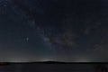 Milky Way galaxy and light wispy clouds over lake at night Royalty Free Stock Photo