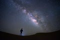 Milky way galaxy with a man standing and watching at Tar desert, Jaisalmer, India.