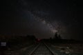A railway line in the Spanish province at night with the Milky Way in the sky.