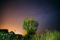 Milky Way Galaxy In Night Starry Sky Above Young Green Lonely Tree In Spring Night. Glowing Stars Above Landscape Royalty Free Stock Photo