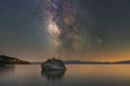 Milky Way Galaxy over Bonsai Rock, Lake Tahoe. Royalty Free Stock Photo