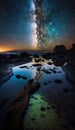 Milky Way Galaxy reflected on the coastline with rock tidepools.