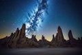 milky way galaxy rising above desert rock formations