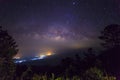 Milky Way Galaxy and silhouette of trees in the mountains. Night scene landscape Royalty Free Stock Photo