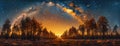 the Milky Way galaxy soaring above the silhouette of pine trees, merging the celestial and terrestrial realms into a Royalty Free Stock Photo