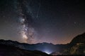 The Milky way galaxy and stars over the Italian French Alps. Night sky on majestic snowcapped mountains and glaciers. Meteor Royalty Free Stock Photo