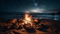 Milky way glows over tranquil campfire at waters edge generated by AI