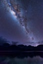 Milky Way landscape. Clearly Milky way above Lake Segara Anak inside crater of Rinjani mountain on night sky. Indon Royalty Free Stock Photo