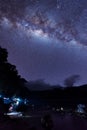 Milky Way landscape. Clearly Milky way above Lake Segara Anak inside crater of Rinjani mountain on night sky. Royalty Free Stock Photo