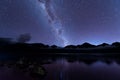 Milky Way landscape. Clearly Milky way above Lake Segara Anak inside crater of Rinjani mountain on night sky. Lombok island.