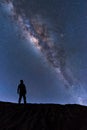 Milky Way landscape. Silhouette of Happy man standing on top of mountain with night sky and bright star on background Royalty Free Stock Photo