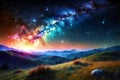 The Milky Way nestled between mountains adorns the night sky in cosmic hues