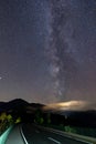 Milky way in night sky above street in alps