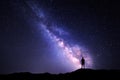 Milky Way. Night sky and silhouette of a standing man Royalty Free Stock Photo