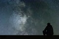 Milky Way. Night sky with stars and silhouette alone man looking Royalty Free Stock Photo