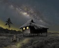 Milky way, Nipa hut, cosmic peace Royalty Free Stock Photo