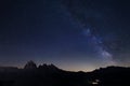 Milky Way over Alpe di Siusi or Seiser Alm with Alps peaks Sassolongo and Sassopiatto Royalty Free Stock Photo