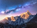 Milky Way over beautiful mountains at night. Sace landscape Royalty Free Stock Photo