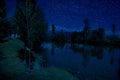 milky way over a lake at summer night with clear skies under moonlight