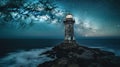 Milky Way Over Lighthouse at Blue Hour Royalty Free Stock Photo