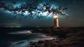 Milky Way Over Lighthouse at Blue Hour Royalty Free Stock Photo