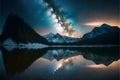 Milky Way over the mountain lake with reflection in the water. Royalty Free Stock Photo