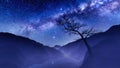 Milky way over mountain landscape with dead tree