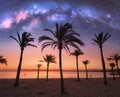 Milky Way over the sandy beach with palms at night in summer Royalty Free Stock Photo