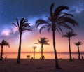 Milky Way over the sandy beach with palms at night in summer Royalty Free Stock Photo