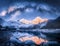 Milky Way over snowy mountains and lake at night. Landscape Royalty Free Stock Photo