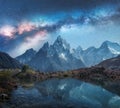 Milky Way over snowy mountains and lake at night. Landscape Royalty Free Stock Photo