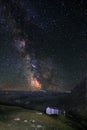 Milky Way over the Swiss alps with the chapel Mary to the Snow Royalty Free Stock Photo