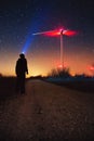 Milky Way over the wind turbine, Geminids Meteor Shower natural phenomenon