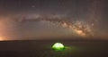 Milky Way Panorama over a lit tent