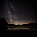Milky way reflected in alpine lake, Gavia Pass, Italian alps