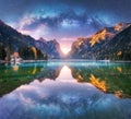 Milky Way reflected in water in mountain lake at starry night