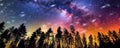 The Milky Way rises over the pine trees on a foreground. Generative AI Royalty Free Stock Photo