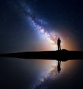 Milky Way and silhouette of a man near the lake Royalty Free Stock Photo