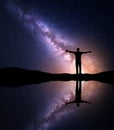 Milky Way and silhouette of a man near the lake Royalty Free Stock Photo