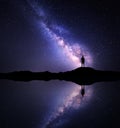 Milky Way. Silhouette of a standing man near the lake Royalty Free Stock Photo